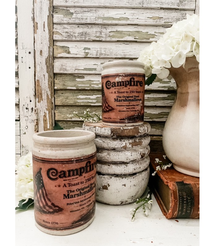 Antique/Vintage Stoneware Jam crocks w/ Campfire Marshmallow, Flag transfer - Summer LTD 